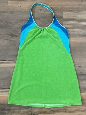 Y2K Terrycloth Halter Dress Swim Cover-Up Green/Blue Size Medium